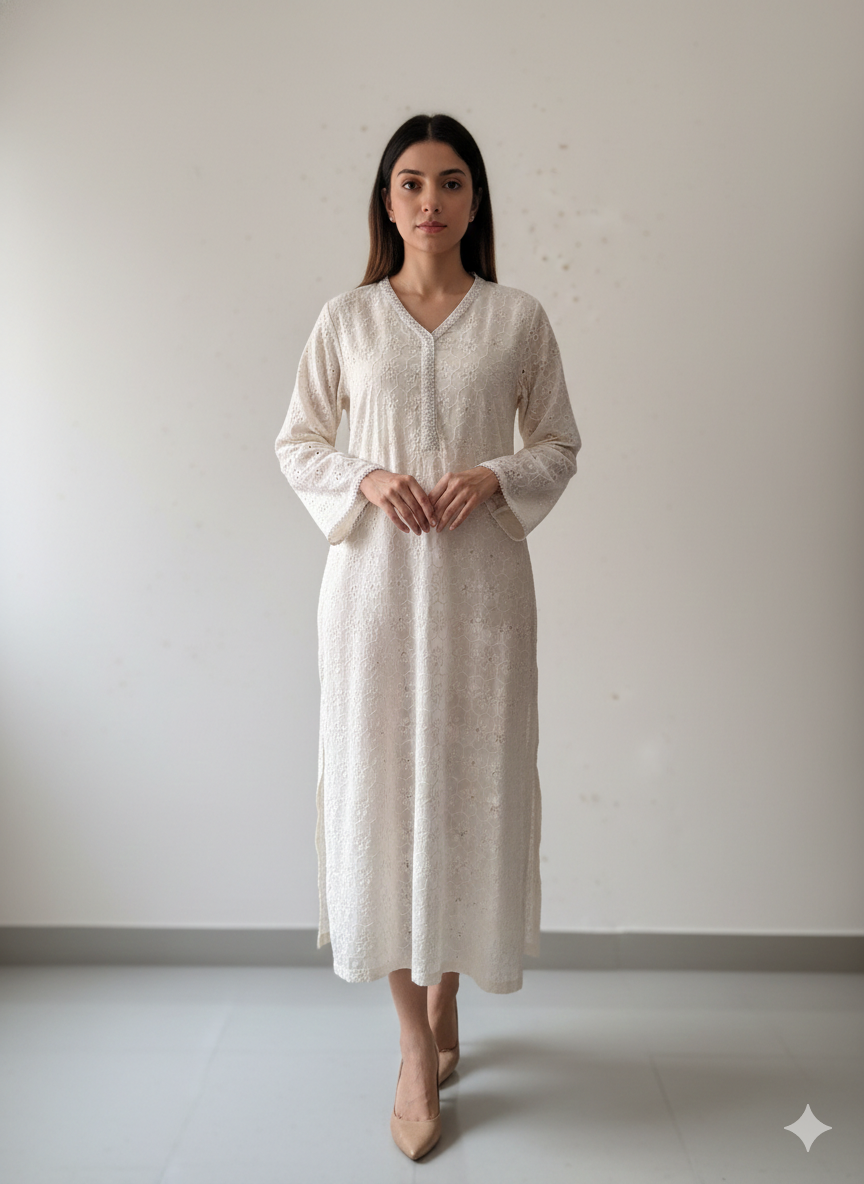 Off white Embroidered Cotton chicken Kari Kurta