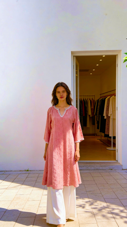 Pink chikankari A-line dress