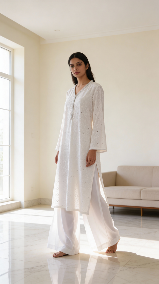 Off white Embroidered Cotton chicken Kari Kurta