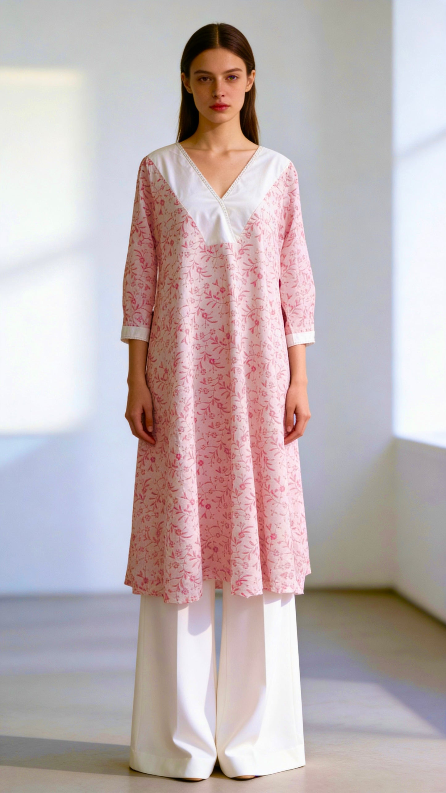 Pink Floral Pure Cotton A-Line Kurta