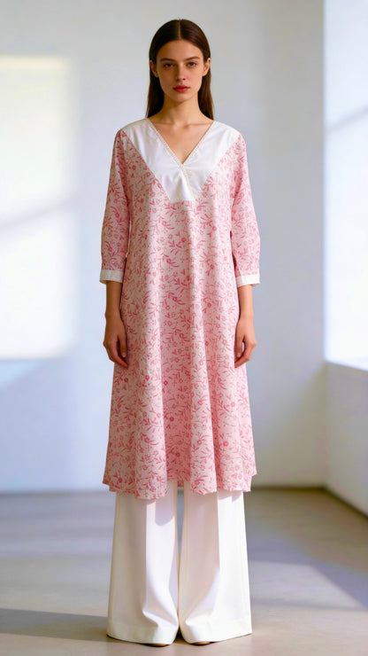 Pink Floral Pure Cotton A-Line Kurta