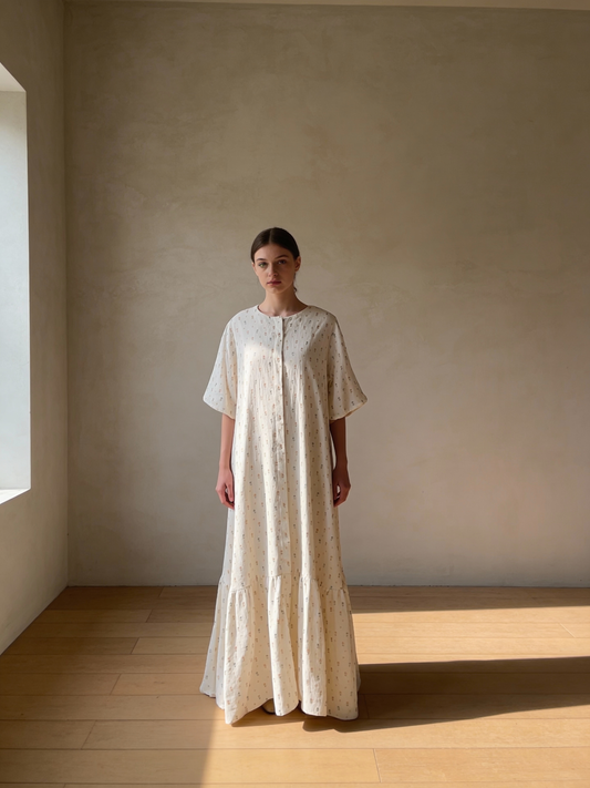 Double cotton long dress with flayed at the bottom