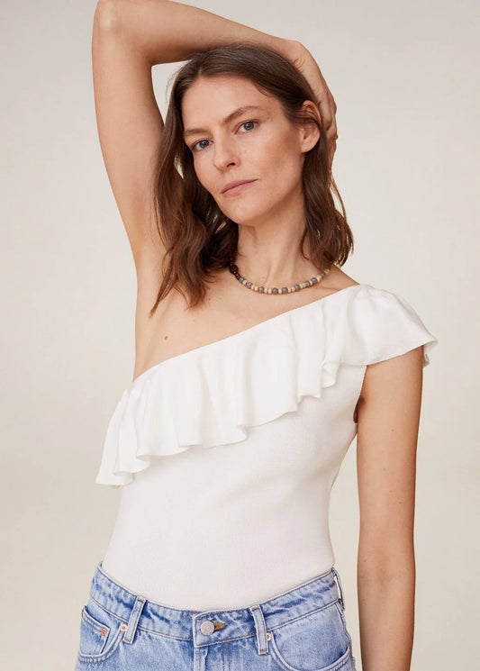 One shoulder white top